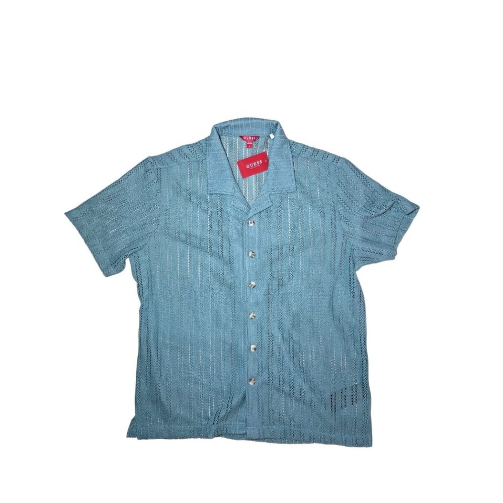 Guess Panama Button Down Open Knit SS Men's Top‎ Aqua L NWT